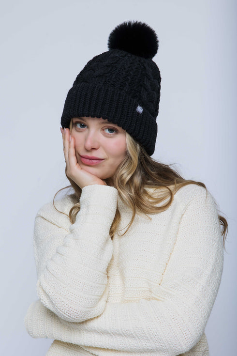 Marshmallow-Cabled Lined Beanie