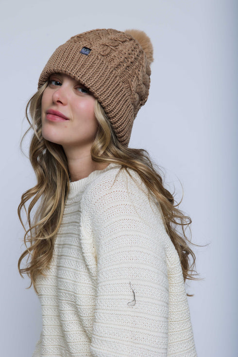 Marshmallow-Cabled Lined Beanie