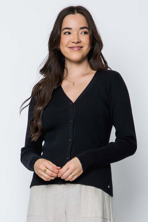 Woman wearing a black cardigan against a white background